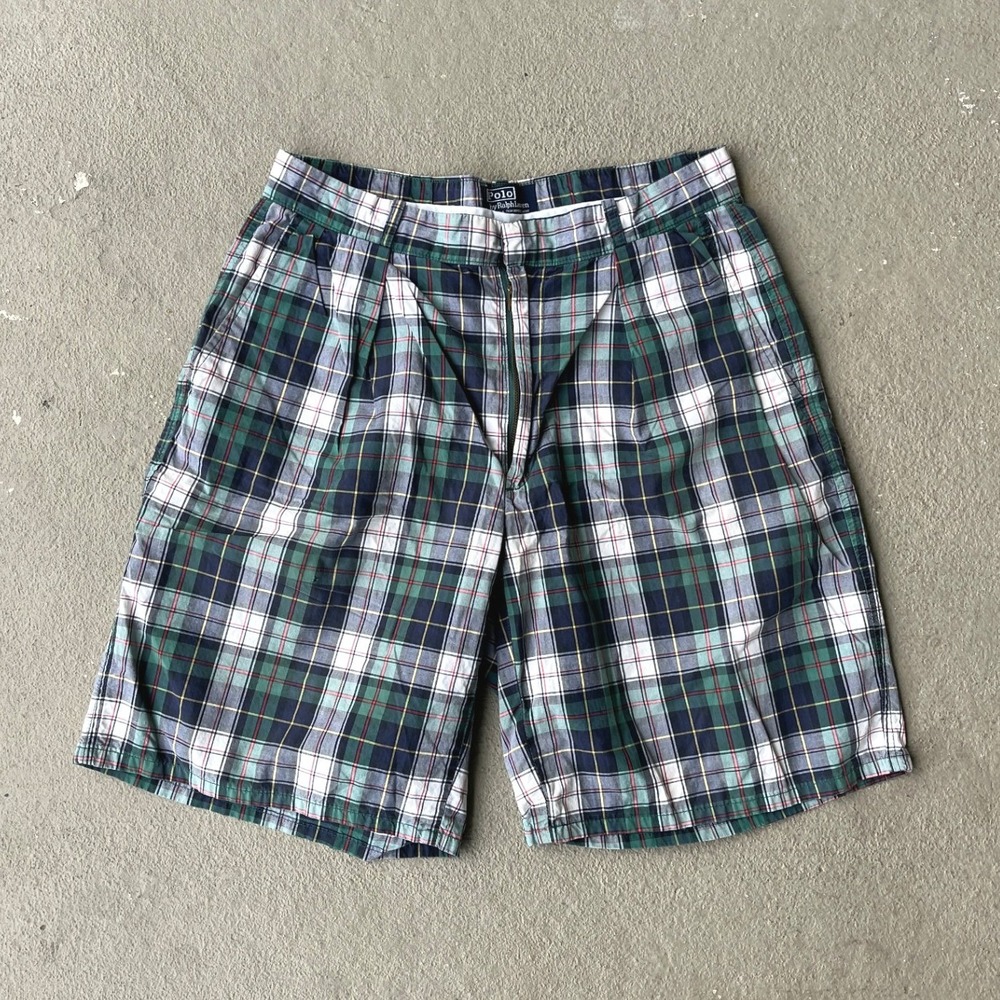 Vintage Polo Ralph Lauren Plaid Pleated Cinch Back Shorts Mens 33 Green Made USA